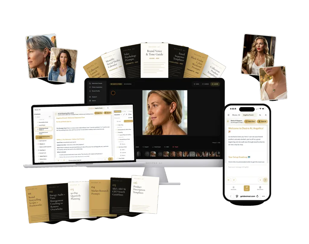Desire AI and Desire AI Studio on a desk: Studio product photos on a monitor, a chat with a marketing expert on a laptop, the phone app, PDF guides, template cards, and jewelry model photos.