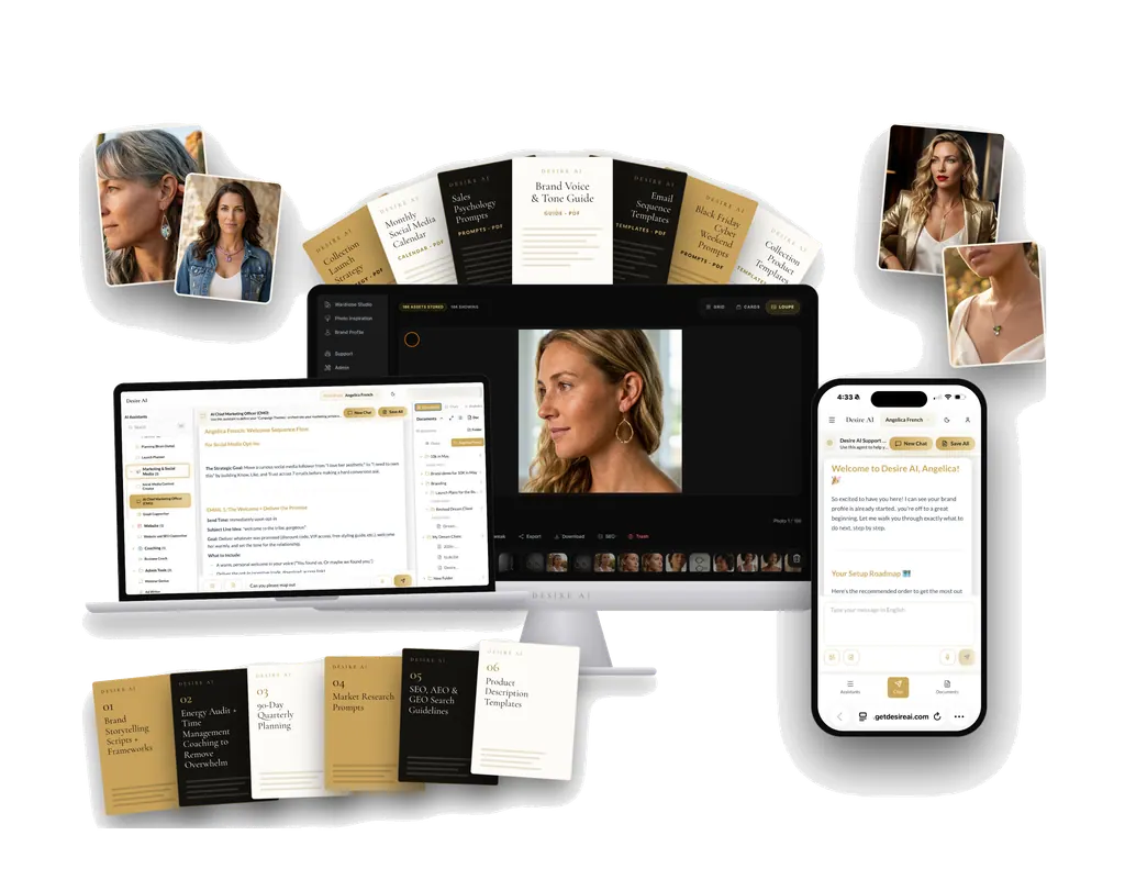 Desire AI ecosystem on a desk: Studio product photography on a monitor, the assistant chat on a laptop, the phone app, PDF guides, template cards, and jewelry model photos.