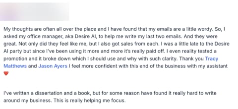 Member message screenshot, name hidden for privacy. A member on writing her emails. Name hidden for privacy.