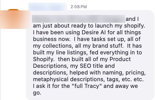Member message screenshot, name hidden for privacy. A member who runs her whole business with it. Name hidden for privacy.