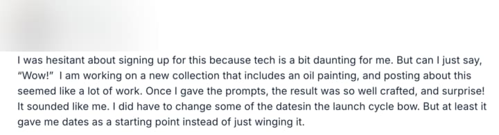 Member message screenshot, name hidden for privacy. A member who found tech daunting. Name hidden for privacy.