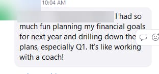 Member message screenshot, name hidden for privacy. A member planning her year. Name hidden for privacy.
