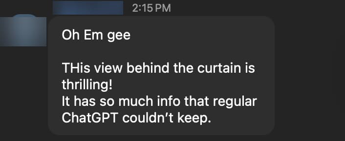 Member message screenshot, name hidden for privacy. A member comparing it to ChatGPT. Name hidden for privacy.