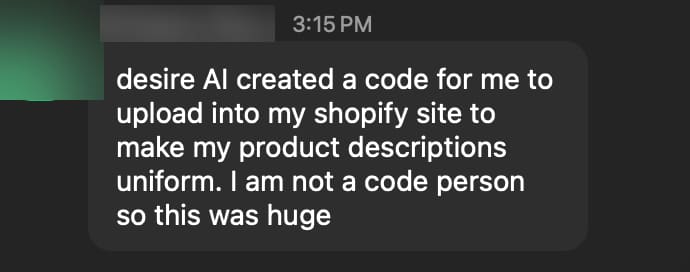 Member message screenshot, name hidden for privacy. A member on fixing her Shopify listings. Name hidden for privacy.