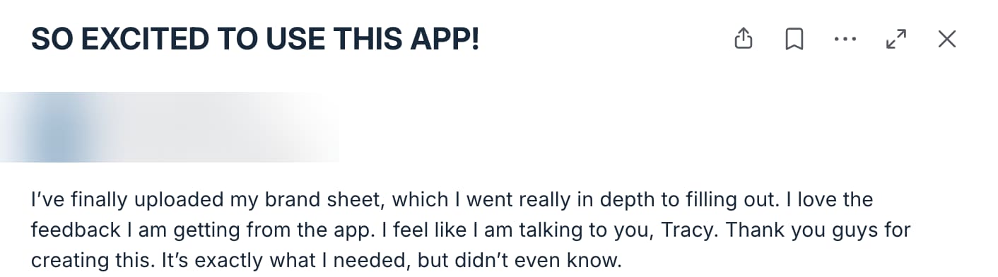 Member message screenshot, name hidden for privacy. A member after setting up her brand. Name hidden for privacy.