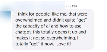 Member message screenshot, name hidden for privacy. A member who felt overwhelmed by AI. Name hidden for privacy.