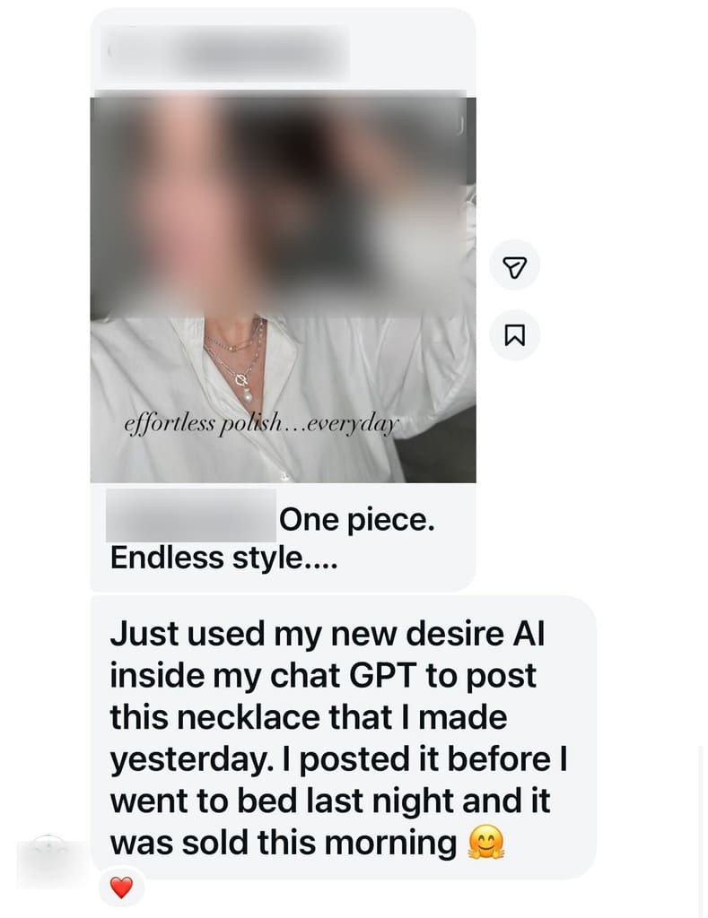 Member message screenshot, name hidden for privacy. A member who posted a new necklace at night. It sold by morning. Name hidden for privacy.